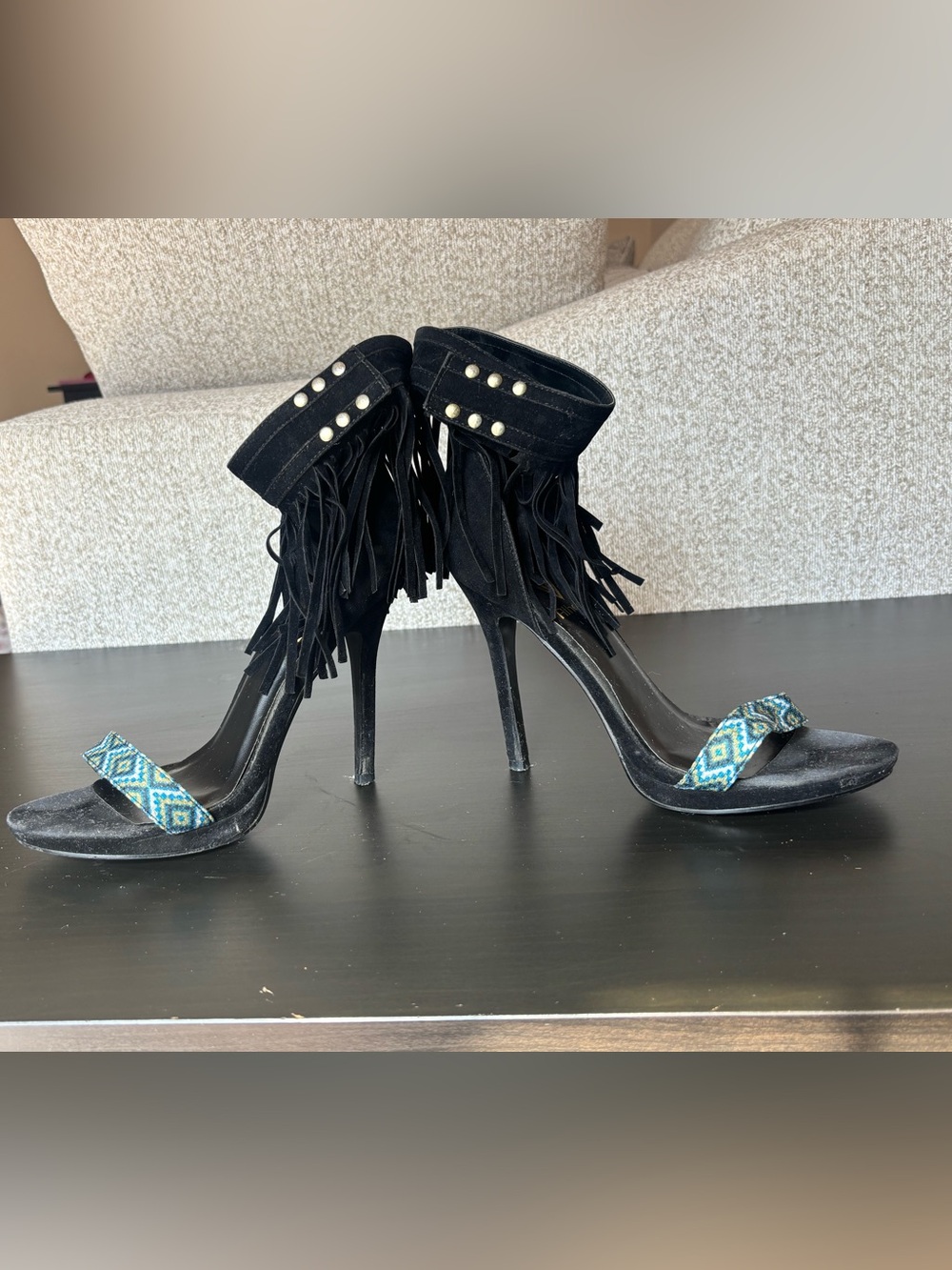Athena Black Fringe Stiletto Heels with Blue Patterned Toe Strap